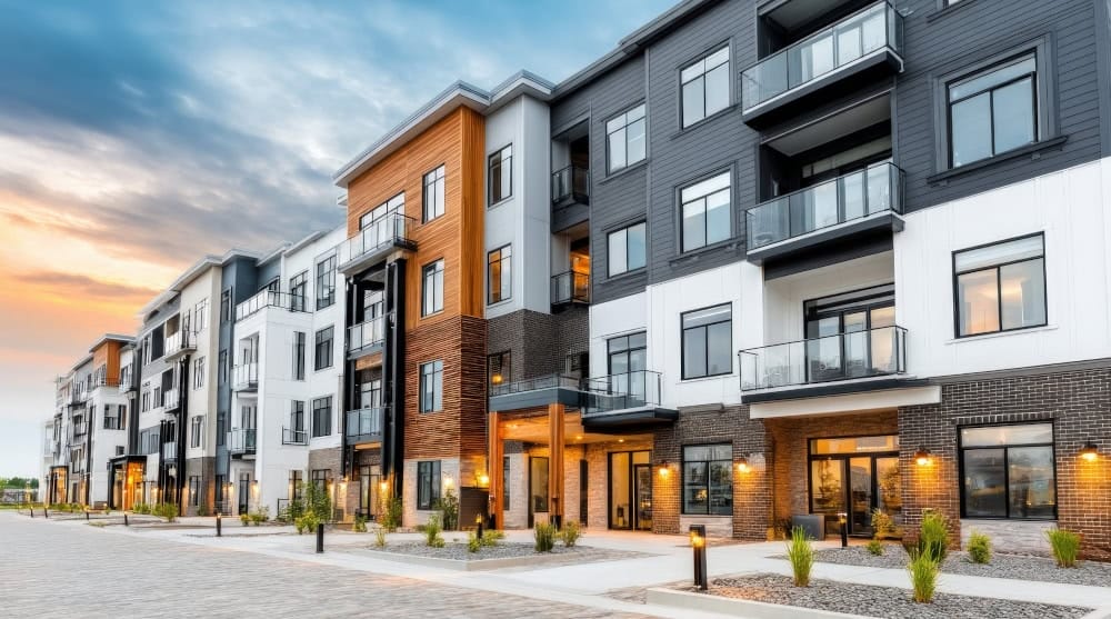 Condo association - Modern multi-unit condo buildings with a common HOA sign or entrance