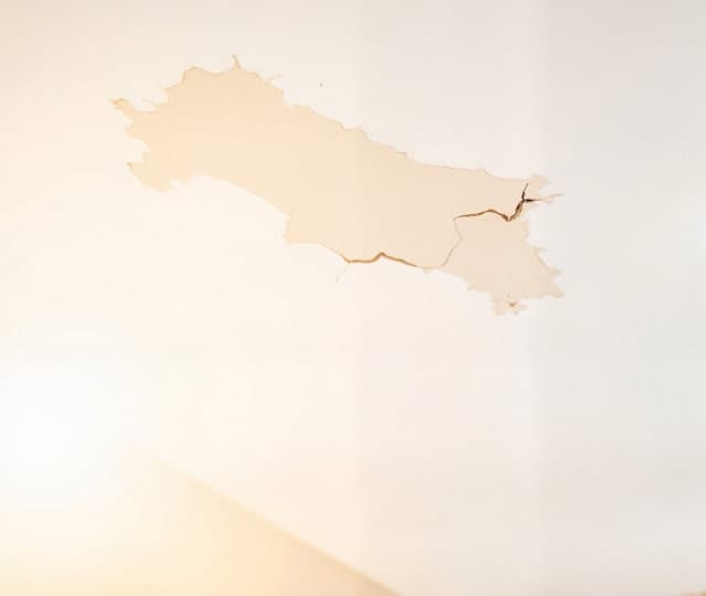 Mildew stains on bathroom ceiling with cracked surface